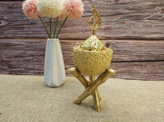 Bakhoor Burner with Arabic Calligraphy and Gold Stands - Antique Gold - Covered Bliss