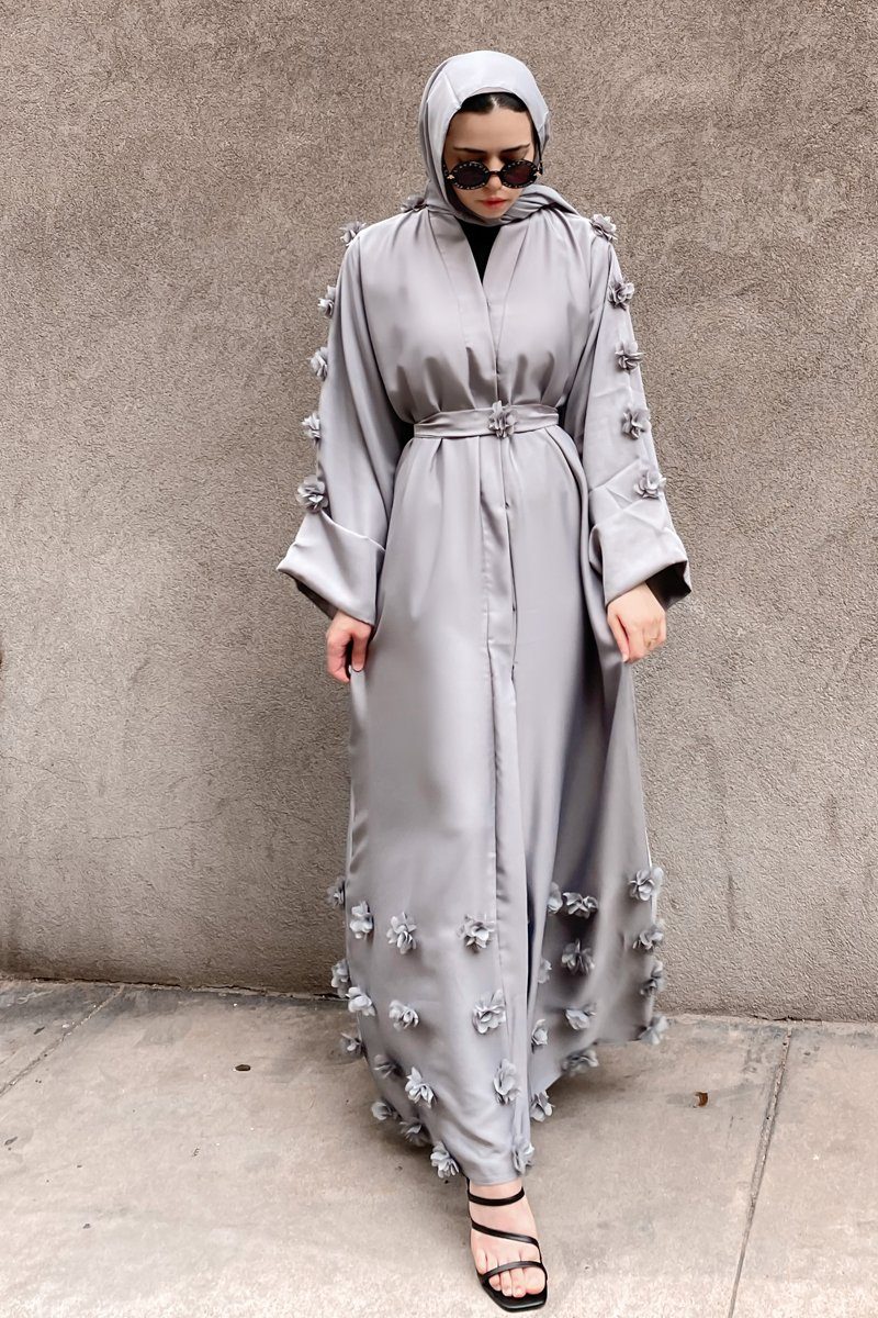 Rama 3D Floral Abaya - Gray - Covered Bliss