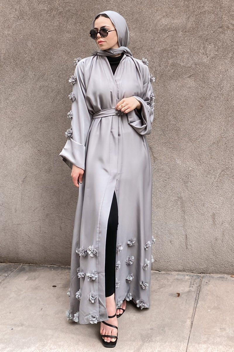 Rama 3D Floral Abaya - Gray - Covered Bliss