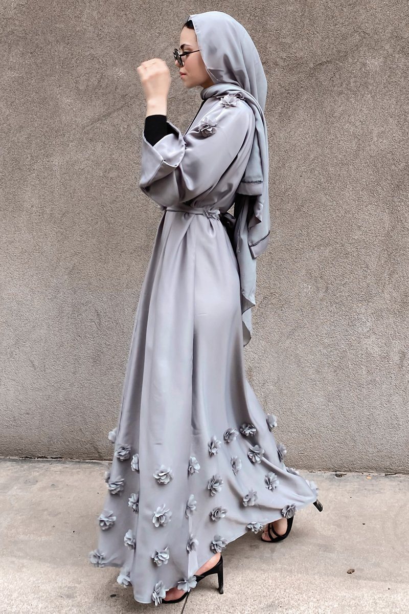 Rama 3D Floral Abaya - Gray - Covered Bliss