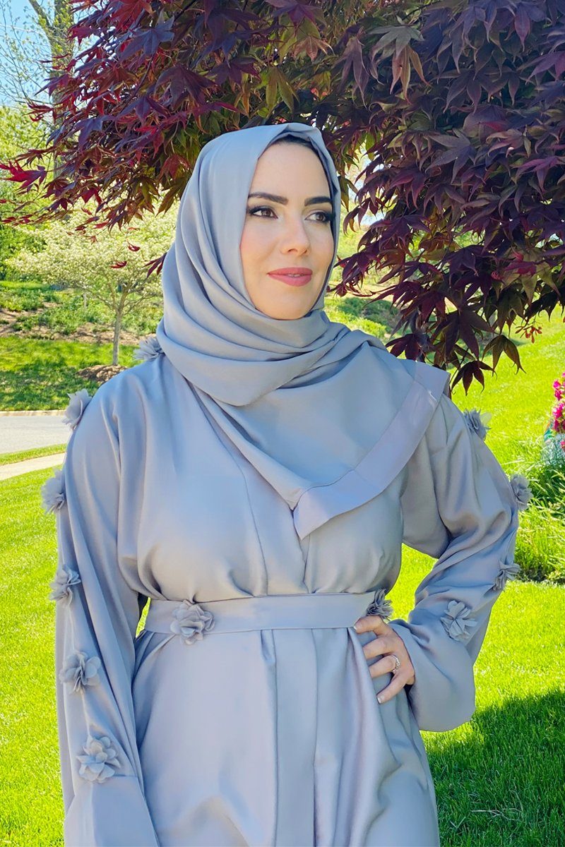 Rama 3D Floral Abaya - Gray - Covered Bliss