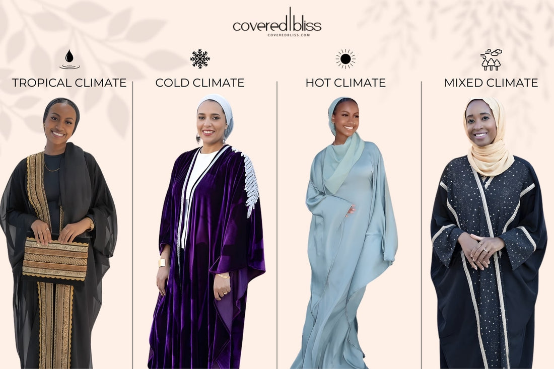 Modest fashion clothing styles for climate adaptation in hot and cold weather