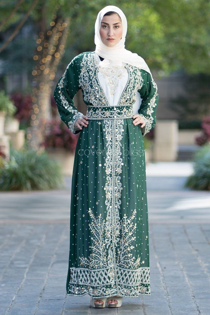 Elegant modest bridal kaftan for bride with long sleeves and high neckline