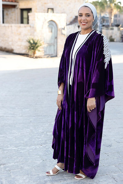Velvet abaya for women in deep sapphire color featuring a stardust embroidered cape design, elegant and modest luxury wear.
