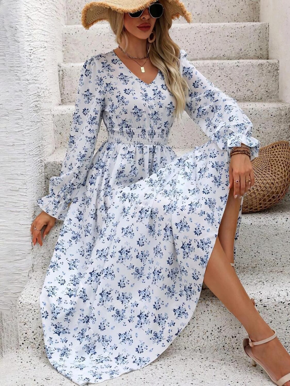 Smocked Printed V-Neck Flounce Sleeve Dress