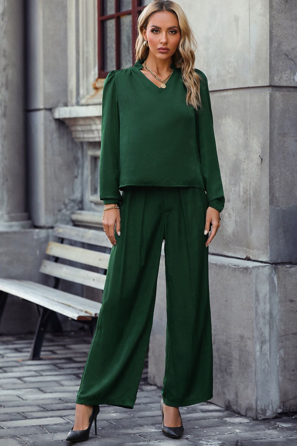 Honey V-Neck Long Sleeve Top and Wide Leg Pants Set