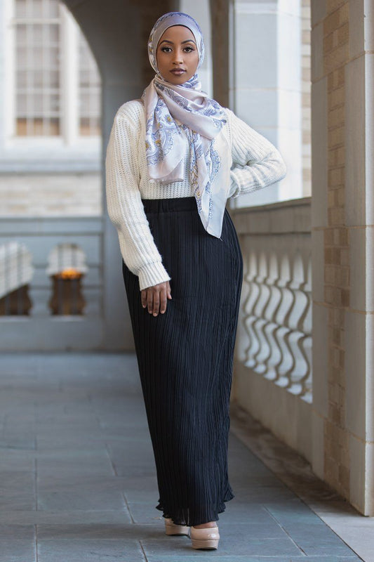 Black Pleated Skirt – Long, high-waisted pleated skirt for women, made from soft georgette fabric, perfect for casual and formal occasions