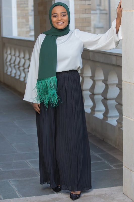 Najah Pleated Black Chiffon Palazzo Pants for Women – Elegant High-Waisted Modest Fashion