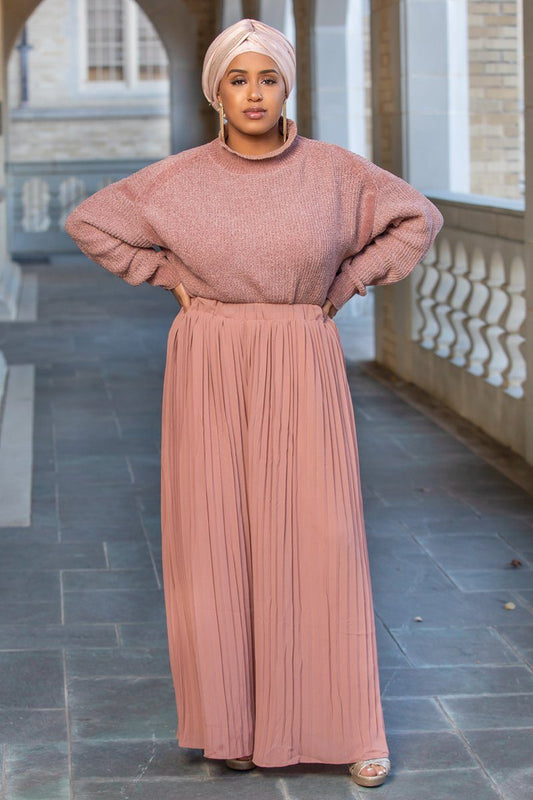 Najah Pleated Chiffon Palazzo Pants for Women – Elegant Pink High-Waisted Modest Fashion