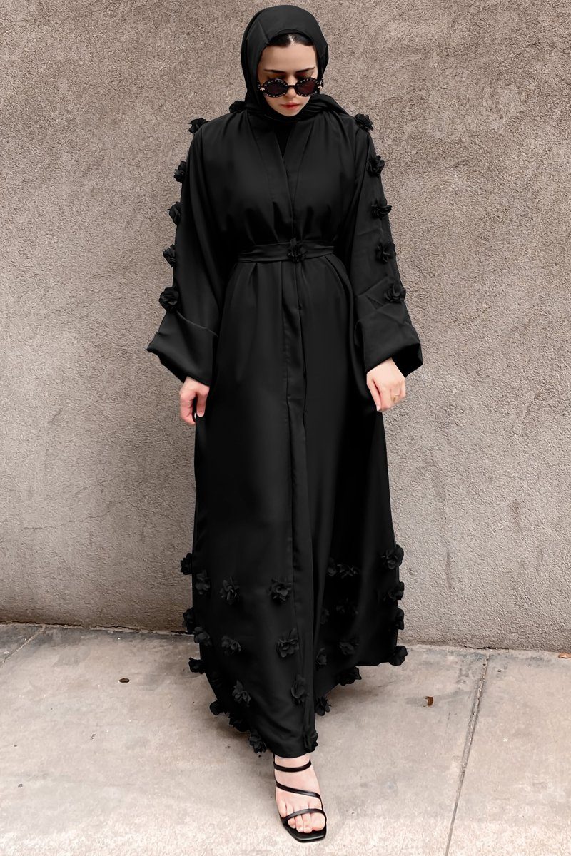 Rama 3D Floral Abaya - Elegant Black Abaya with 3D Flower Embellishments XL / Black Rama 3D Floral Abaya - Elegant Black Abaya with 3D Flower Embellishments XL / Black