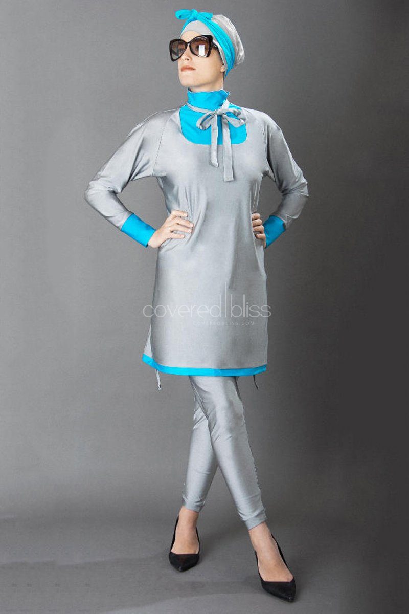Turquoise Gray Modest Swim Suit