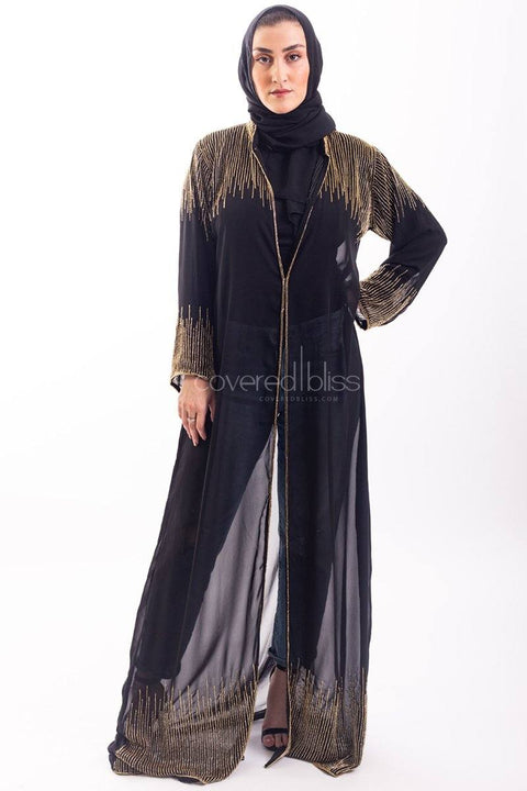 3 Piece Black Velvet Dress with Golden Lace - Hayas Creation