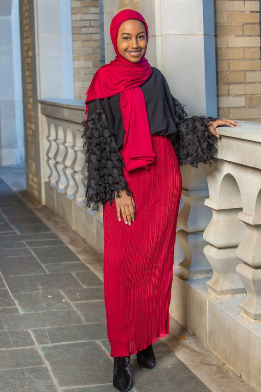 Alef pleated skirt in maroon color made from soft georgette fabric